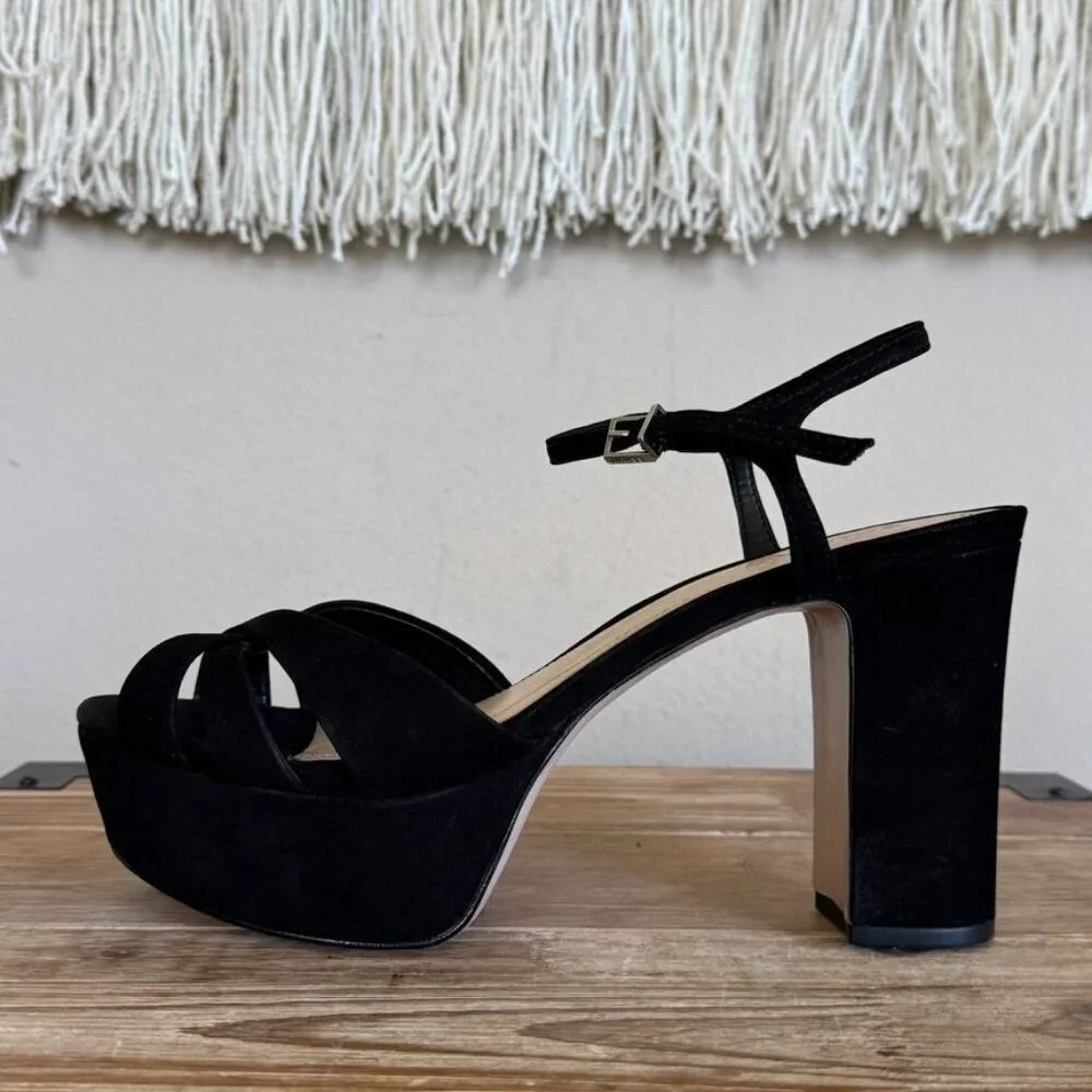SCHUTZ Keefa Black Suede Open Toe Ankle Strap Platform 70s Evening Sandal Size 8